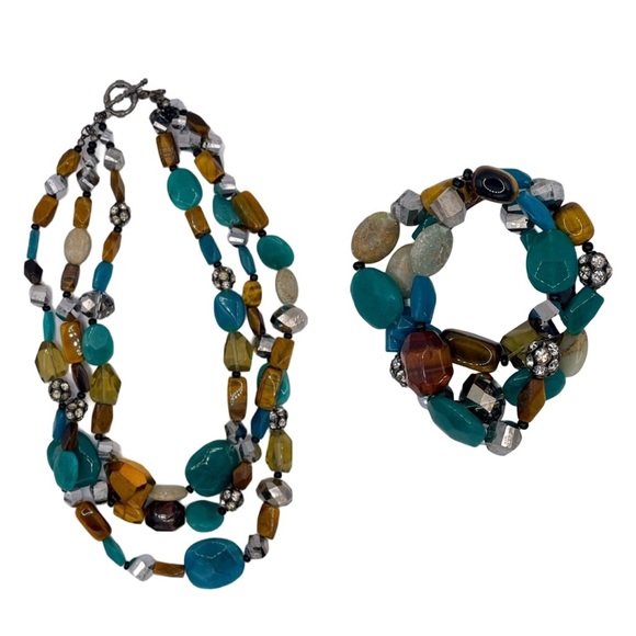 Multi-Color Three-Strand Beaded Necklace Plus Free Matching Bracelet! - Picture 1 of 3
